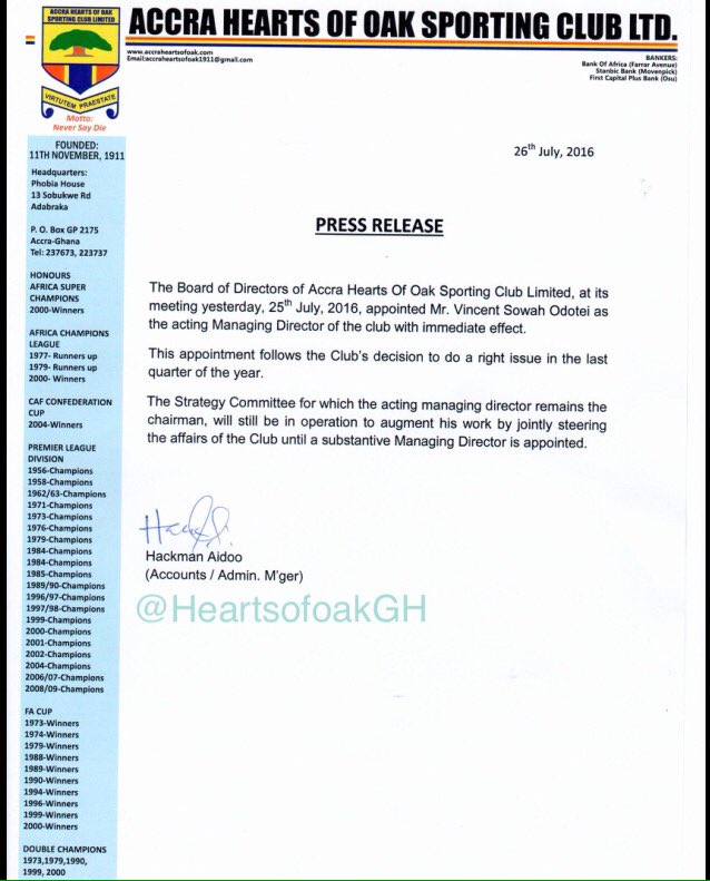 Hearts to keep Strategy Committee despite Vincent Sowah Odotei’s appointment as Managing Director