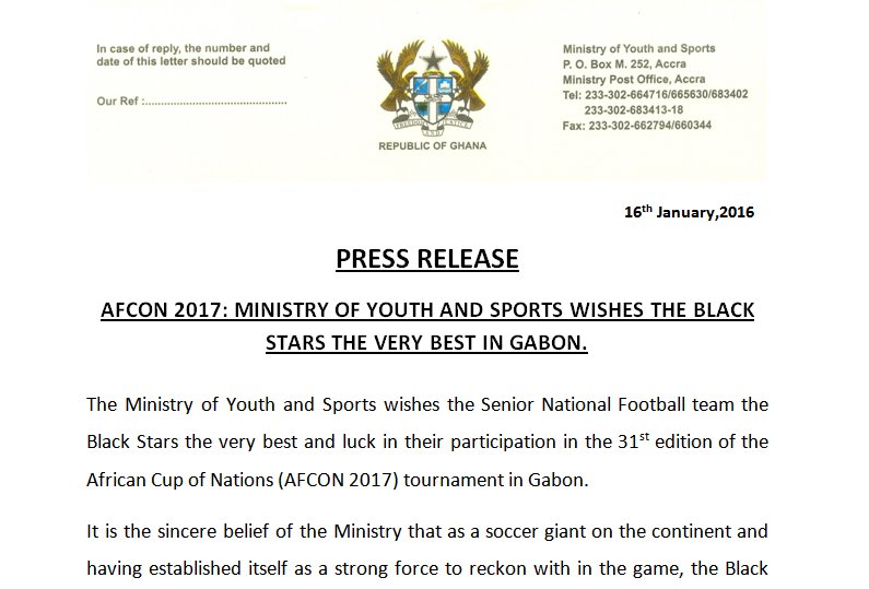 AFCON 2017: Sports Ministry sends goodwill message to Black Stars
